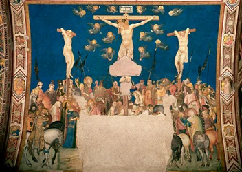 Fresk Ukrzyżowanie autorstwa Pietra Lorenzettiego (ok. 1280/5-1348), 1335-1340, Basilica di San Francesco, Chiesa Inferiore, Asyż