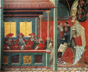 Honoriusz III zatwierdzający regułę karmelitańską, detal z predelli ołtarza dla Karmina, Pietro Lorenzetti (ok. 1280-1348), tempera i złoto na płycie drewnianej