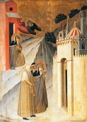 Św. Jan nakazuje błogosławionym wybudować klasztor we Florencji, kafelki na ołtarzu Błogosławionej Pokory, autorstwa Pietro Lorenzettiego (ok. 1280-1348), tempera i złoto na desce.