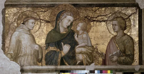 Matka Boska z Dzieciątkiem między świętym Janem a świętym Franciszkiem, fresk Pietra Lorenzettiego (1280-1348) w Asyżu, Dolna Bazylika, kaplica Orsinich.