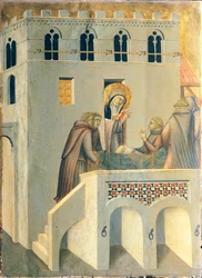 Błogosławiony uzdrawia stopę mnicha z opactwa Vallombrosa, kafelek z ołtarza Błogosławionej Pokory, autorstwa Pietro Lorenzettiego (ok. 1280-1348), tempera i złoto na desce.