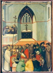 Ekshumowane ciało błogosławionego odnaleziono nienaruszone i świeże, kafelki na ołtarzu Błogosławionej Pokory autorstwa Pietro Lorenzettiego (ok. 1280-1348), tempera i złoto na desce.