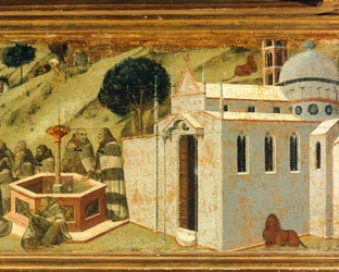 Pierwsi pustelnicy karmelitańscy przy źródle Eliasza, fragment predelli ołtarza dla kościoła Carmine, Pinacoteca Nazionale, Siena