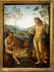 Apollo i Marsjasz „”Marsjasz grający na flecie przed Apollem, królem liry, przez wyzwanie. Obraz Pietro Vannucci z The Perugino (1450-1523) Sun. 0,39x0,29 m²