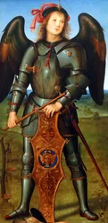 Fragment obrazu zatytułowanego "Dziewica z Dzieciątkiem z Aniołem, Archanioł Rafał z Tobiaszem i Archanioł Michał"