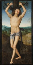 Święty Sebastien - Święty Sebastian, przez Perugino (ok. 1450-1523). Olej na drewnie. Wymiar: 174x88 cm. Muzeum Narodowe w Sztokholmie