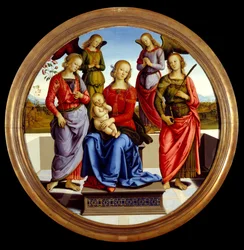 Dziewica i Dzieciątko w otoczeniu dwóch aniołów, Świętej Róży i Świętej Katarzyny. Obraz Pietro Vannucci dit il Perugino (Perugin