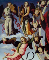 Wniebowstąpienie Chrystusa Fragment po prawej przedstawiający muzyczne anioły. Obraz Pietro Vannucci dit Il Perugino (Perugin) (1450-1523) 1496 Lyon, Muzeum Sztuk Pięknych