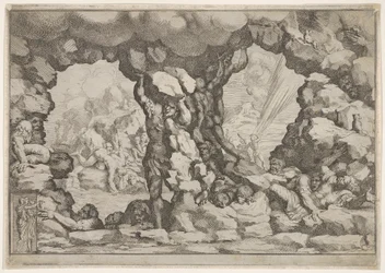 Olbrzym dźwigający głaz pośrodku, inni olbrzymy na lewo i prawo walczący i re..., ca. 1680.