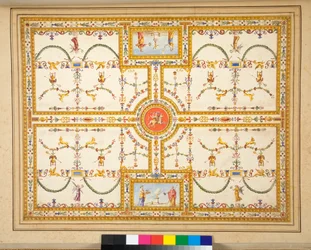 Niezidentyfikowane malowidło sufitowe (czarna kreda, niektóre piórem i brązowym tuszem, zabarwione akwarelą)