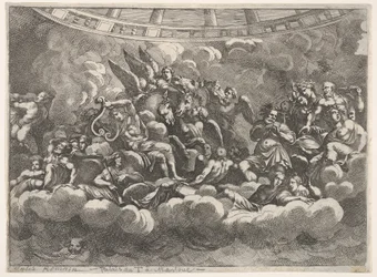Zbiór różnych bogów olimpijskich i postaci mitologicznych wśród chmur, Apollo w ce..., ca. 1680.