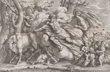 Io po lewej jak krowa, Jowisz na chmurze pośrodku i Juno po prawej z pu..., 1650-90.