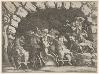 Pluton, widziany z tyłu, wjeżdżający do Podziemia na swoim rydwanie Cerberus i trzech Fu..., ca. 1680.