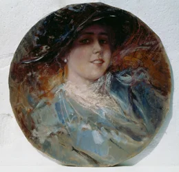 Promienny uśmiech, Pietro Scoppetta (1863-1920), olej na płótnie nałożony na tekturę, 37,5 cm
