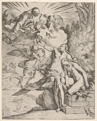 Ofiara Izaaka: anioł naciska na niosące sztylet ramię Abrahama, który…, ok. 1645-50.