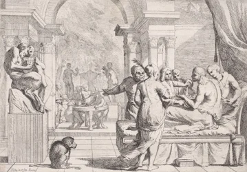 Syn marnotrawny siedzący na kanapie przy winie, biesiadnicy w tle, mo..., ca. 1645.