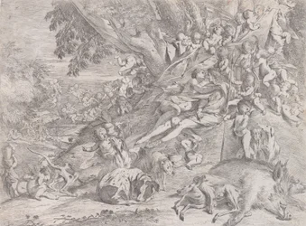 Wenus i Adonis, otoczeni licznymi puttami, wylegujący się po polowaniu, z martwym dzikiem…, 1631-37.