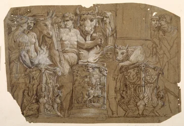Antyczna ofiara i małżeństwo Perseusza i Andromedy, według Polidoro da Caravaggio (ok. 1499-1543) (pióro i brązowy tusz z brązowym lakierem wzmocnionym białym kolorem ciała nad wstępnymi czarną kredą na papierze sprany brąz)