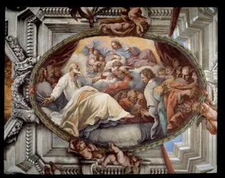 Odnalezienie św. Filipa po objawieniu dziewicy Fresk ze świty autorstwa Pietro da Cortony (Piotra z Cortony) (1596-1669) 1652 Rzym, sala czerwona Kościół Santa Maria in Vallicella Włochy