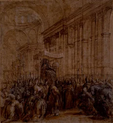 Urban VIII sprowadzony w dół nawy Bazyliki Świętego Piotra (pióro i brązowy atrament z kolorem ciała na papierze)