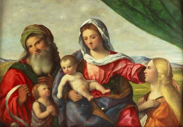 Madonna z Dzieciątkiem i św. Janem Chrzcicielem, św. Katarzyną i św. Zachariaszem w pejzażu (olej na płótnie)