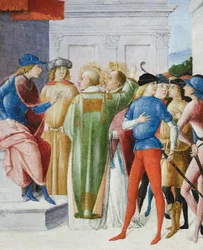Dwóch świętych wyznających wiarę chrześcijańską podczas sądu, ok. 1485-90 (tempera na panelu)