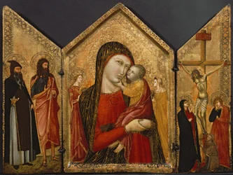 Madonna z Dzieciątkiem, Ukrzyżowanie i święci, ok. 1340-1370 (tempera i złoty płatek na panelu)