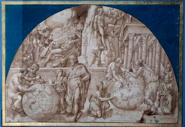 Alegoria astronomii. Naukowcy dokonują pomiarów na kulach ziemskich. Rysunek brązowym tuszem autorstwa Pirro Ligorio (około 1500-1583) XVI-wieczny Paryż, Luwr