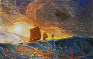 Marina i mewy, Plinio Nomellini (1866-1943), tempera na płótnie, 97x149 cm