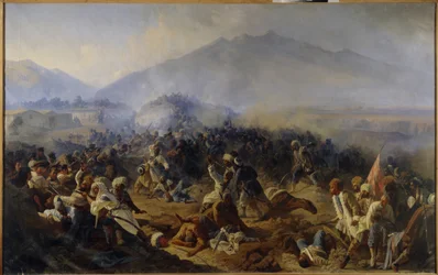 Oblężenie Achty w 1848 r. Scena walki w górach Północnego Kaukazu pomiędzy armią rosyjską a oddziałami Imama Szamila (Szamila) (1797-1871), który kierował swymi wojownikami w pragnieniu niepodległości i ze względów religijnych ( Święta wojna). Namalowany