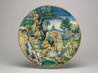 Naczynie z majoliki, Apollo zabijający Synów Niobe- Kształt około 64 z gładkim brzegiem, podstawa naczynia, 1548