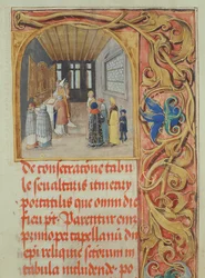 Konsekracja ołtarza przez biskupa przy pomocy kanoników i założycieli świeckich papieskiego biskupa Erazma Ciołka, ok. 1510 (tempera i złoto na pergaminie)