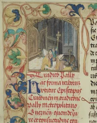 Przekazanie przez biskupa krakowskiego paliusza arcybiskupowi gnieźnieńskiemu z pontyfikatu biskupa Erazma Ciołka ok. 1510 (tempera i złoto na pergaminie)