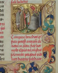 Błogosławieństwo dzwonu przez biskupa z pontyfikatu biskupa Erazma Ciołka, ok. 1510 (tempera i złoto na pergaminie)