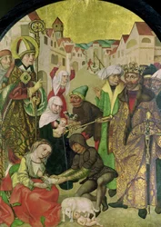 Św. Stanisław (1030-79) oglądający karanie niewiernych żon na polecenie króla Bolesława II (1039-81) panel z Ołtarza św.
