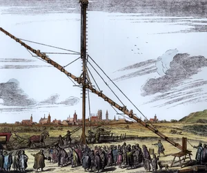 Wielki Teleskop Astronomiczny Jana Heweliusza (1611-1687) ilustracja z Machina Coelestis autorstwa Heweliusza, Gdańsk, publikacja 1670 (późniejsze zabarwienie)