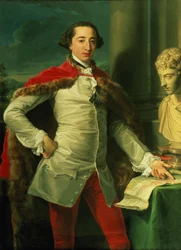 Portret dżentelmena stojącego 3/4 długości, ubranego w białą kamizelkę, czerwony płaszcz podszyty futrem i czerwone bryczesy, wskazującego mapę na stole, obok siebie popiersie Antoninusa (olej na płótnie)
