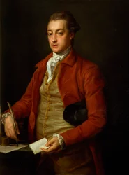 Portret Hon. Lionel Damer, do połowy długości w czerwonym płaszczu z szarą kamizelką i białym krawatem, trzymający papier i gęsie pióro (olej na płótnie)