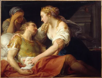 Śmierć rzymskiego polityka i generała Marka Antoniusza (Marcus Antonius) (83-30 p.n.e.). Zmarł w ramionach Kleopatry. Obraz Pompea Batoniego (1708-1787), 1760, Brest, Muzeum Sztuk Pięknych