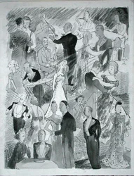 Idziemy tańczyć do Londynu (pióro, tusz i monochromatyczna akwarela na papierze)