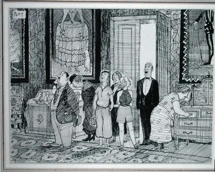 The British Character: żywe zainteresowanie zabytkowymi domami, ilustracja z Punch, opublikowana 8 lipca 1936 r. (pióro i tusz na papierze)