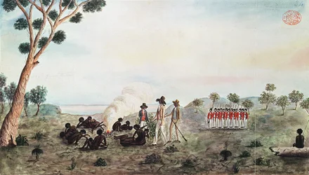 Pan White, Harris i Laing z grupą żołnierzy odwiedzających Botany Bay Colebee w tym miejscu, gdy ranny w pobliżu Botany Bay, c.1790