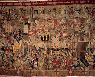 Podbój Afryki: „”Zdobywanie Asilah (Arzila) w Maroku w 1471 r. przez flotę portugalską””” Fragment gobelinu XVI-wiecznej szkoły portugalskiej. Lizbona, Narodowe Muzeum Sztuki Starożytnej