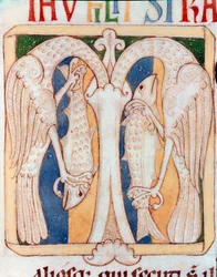 Ozdobny papier firmowy przedstawiający czaple i ryby. Miniatura z rękopisu „Testamentum Vetus” z Sancta Cruz de Coimbra. XII wiek. Porto, biblioteka miejska
