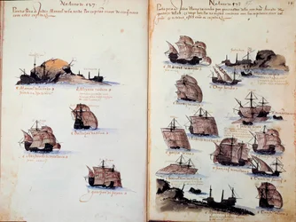 Strona rękopisu „” Pomniki armad Portugalii pod panowaniem króla Manuela I (1469-1521)”” przedstawiające floty portugalskie. 1523 p.n.e. Paryż