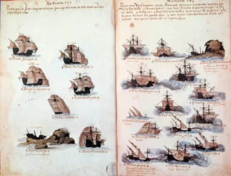 Strona rękopisu „” Pomniki armad Portugalii pod panowaniem króla Manuela I (1469-1521)”” przedstawiające floty portugalskie. 1523 p.n.e. Paryż