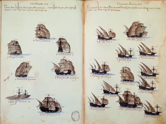 Strona rękopisu „” Pomniki armad Portugalii pod panowaniem króla Manuela I (1469-1521)”” przedstawiające floty portugalskie