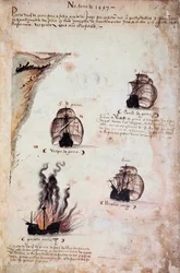 Strona rękopisu „” Pomniki armad Portugalii pod panowaniem króla Manuela I (1469-1521)”” przedstawiające floty portugalskie z roku 1497. 1523 BN. Paryż