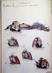 Strona rękopisu „Wspomnienia o armadach Portugalii pod panowaniem króla Manuela I (1469-1521)” przedstawiające floty portugalskie roku 1497. 1500 Lizbona, Narodowe Muzeum Sztuki Starożytnej