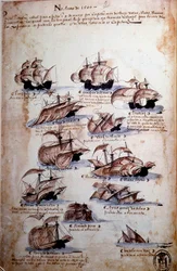 Strona rękopisu „Wspomnienia o armadach Portugalii pod panowaniem króla Manuela I (1469-1521)” przedstawiające floty portugalskie roku 1497. 1500 Lizbona, Narodowe Muzeum Sztuki Starożytnej